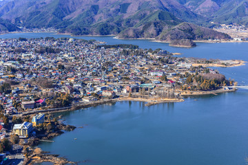 Yamanashi city with mountain background in Japan.