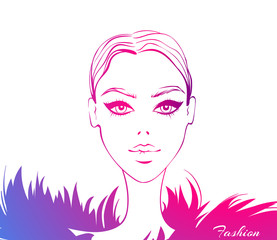 Vector fashion model. Beauty face. Beautiful sketch illustration in vogue style. Stylish young woman face. Trendy design. Fashionable girl. Cute lady. Female portrait. Glamour graphic. 