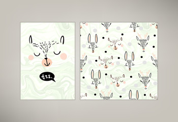 Cute kids sleeping and smiling animals vector pattern tile. Hand drawn deer's, bear, rabbit heads with black white dots on solid pink background. Trendy graphic pajama textures set. Marble effect.