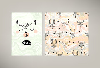 Fototapeta na wymiar Cute kids sleeping and smiling animals vector pattern tile. Hand drawn deer's, bear, rabbit heads with black white dots on solid pink background. Trendy graphic pajama textures set. Marble effect.