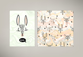 Cute kids sleeping and smiling animals vector pattern tile. Hand drawn deer's, bear, rabbit heads with black white dots on solid pink background. Trendy graphic pajama textures set. Marble effect.