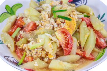 close up fried stir cucumber with egg and vegetable