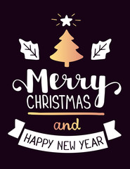 Vector illustration of golden color christmas fir tree and leave