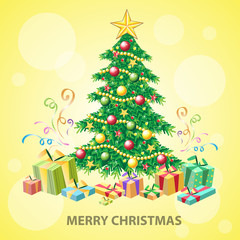 Christmas tree greeting card with gifts. Vector illustration