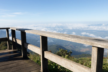 wood balcony with mountain view in morning