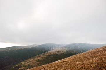 Great hills with snow covered at frozen morning on Carpathian mo