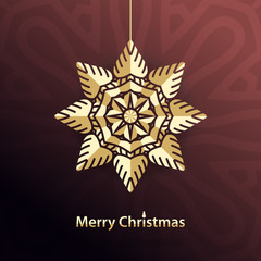 Christmas snowflake. Gold Star. Congratulations on a Holidays. Greeting card. 