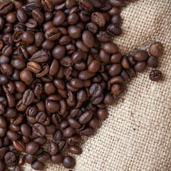Coffee beans on canvas bag. Photo in square format