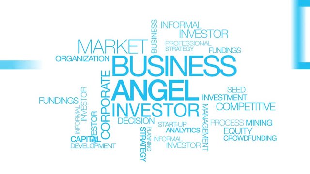 Business angel investor informal investor angel funder private investor crowdfunding seed funding words tag cloud blue text animation 