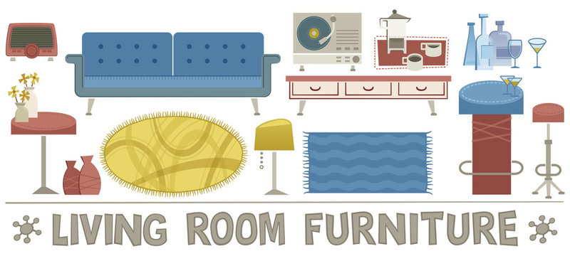 Set with lounge furniture. Set with several retro style illustrations of living room furniture.