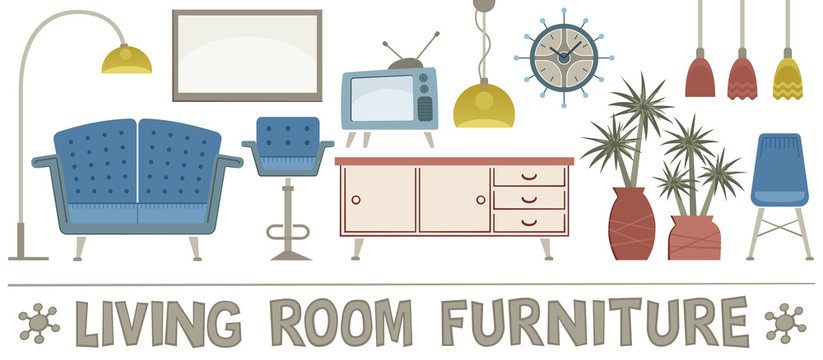 Living room furniture set. Set with several retro style illustrations of living room furniture.