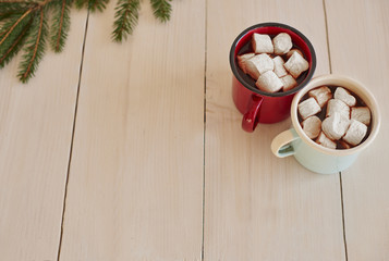 High angle view of red and white cups