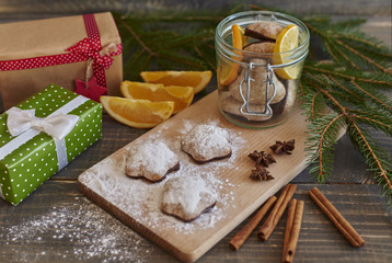 Christmas ornaments on the wooden table
