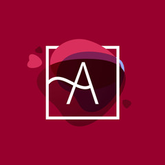 Letter A logo in square frame at watercolor background with hear