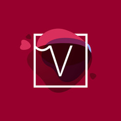 V letter logo in square frame at watercolor background with hear