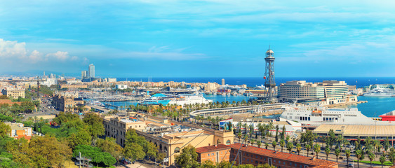 Barcelona beach and quay and port from Montjuic mountain viewpoint, Spain