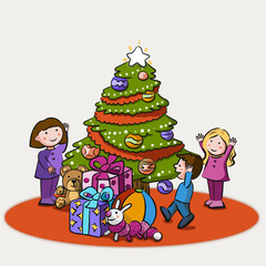Niños decorando el árbol de Navidad