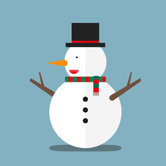 cute big fat snowman wear hat and scarf flat design on light blue background