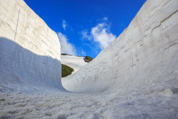 Fototapeta premium Snow wall at Kurobe alpine in Japan with blue sky