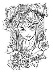 Vector illustration of a girl princess with sophisticated decoration in her hair and floral elements. Black and white, anti-stress. Adult coloring books.
