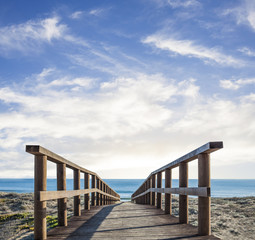 Fototapeta na wymiar wooden gangway near the coastline on sunny day