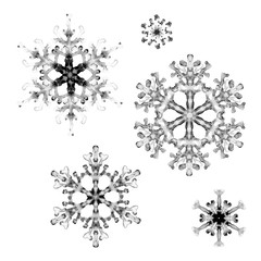 Set of watercolor snowflakes on white background. Hand-painted pattern