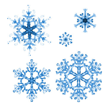 Set of watercolor snowflakes on white background. Hand-painted pattern