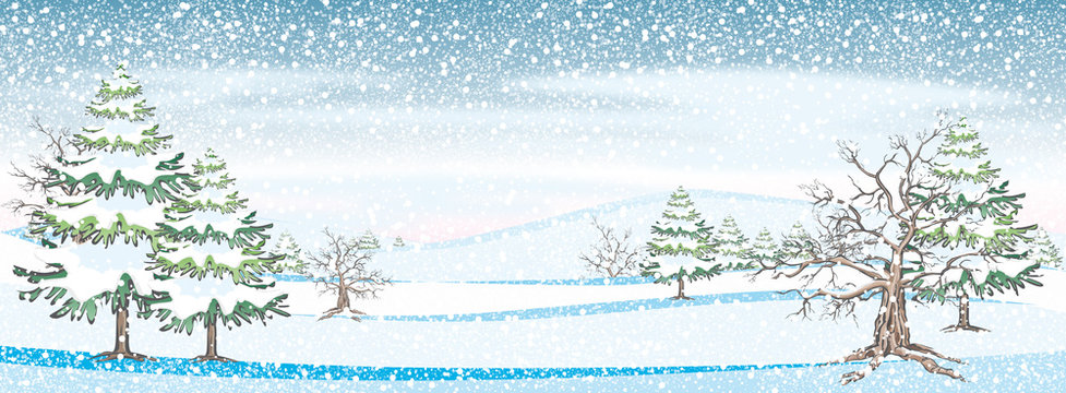 Vektor Illustration in Panorama Gr&ouml;&szlig;e f&uuml;r Banner Winterlandschaft mit alten B&auml;umen und Tannen in den Bergen Neuschnee  