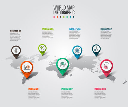 Vector world map with pointer marks.