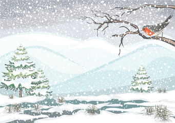 Vektor Illustration von Winter in den Bergen Neuschnee Singvogel auf Zweigen von Baum   - 126509537