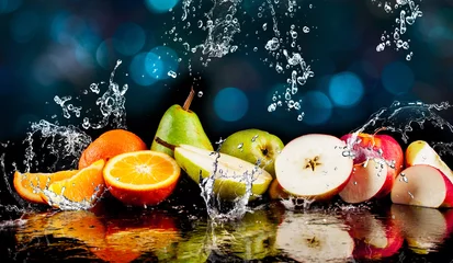 Fotobehang Pears, apples, orange  fruits and Splashing water © jaroslavkettner