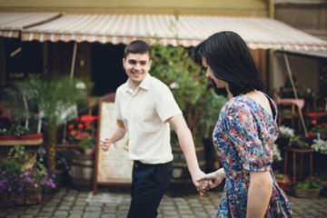 Walk of the happy couple on the street in Lviv