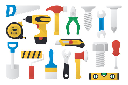 Vector illustration. Set of work tools in flat design. Set of working instrument. Set of toolbox. Simple design