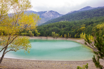 mountain turquoise lake and cloudy day coniferous forest