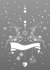 Zwei springende Rentiere,
dekoriert mit Sterne, Eiskristalle,Schneeflocken und Banner
für eigene Texte