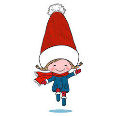 Little jumping girl in big winter knitted cap