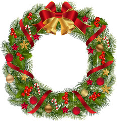 Christmas Wreath with fir branches and decorative elements. - 126512148