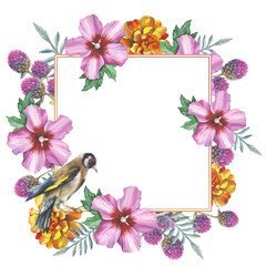 Wildflower marigold, hibiscus, gomphrena frame in a watercolor style isolated.