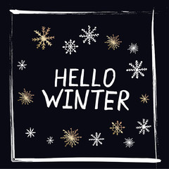 Hello Winter text on black vector background. Retro greeting card or banner design template. Winter season cards.Christmas greeting card. Print with gold and white snowflakes.
