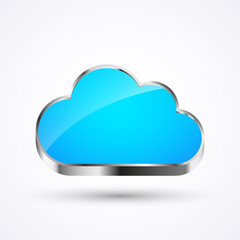 Shiny blue cloud button with metal frame, vector illustration, isolated on white