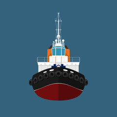 Front View of the Vessel Tugboat, Push Boat, Tow Boat for to Towage and Mooring of Other Courts , Vector Illustration