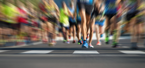 Marathon running race people feet on city road,abstract - obrazy, fototapety, plakaty