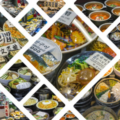 Collage of Korean side dishes at local market in Seoul, South Ko