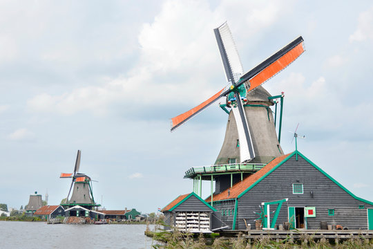 Windmills in villlage Zaanse Schans, Holland