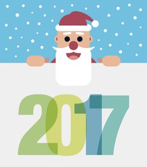 vector illustration with flat santa claus character and snowflakes on blue background