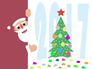 Obraz na płótnie Canvas vector illustration with flat santa claus charcter and christmas tree on 2017 background