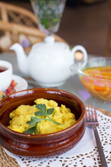 decorated table, a business lunch, hot soup, a cup of tea, Vegetarian