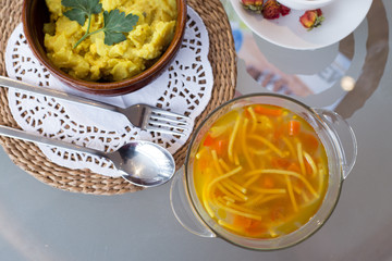 decorated table, a business lunch, hot soup, a cup of tea, Vegetarian