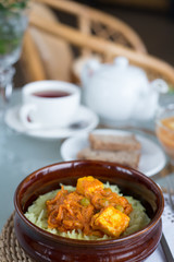 decorated table, a business lunch, hot soup, a cup of tea, Vegetarian
