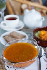 decorated table, a business lunch, hot soup, a cup of tea, Vegetarian